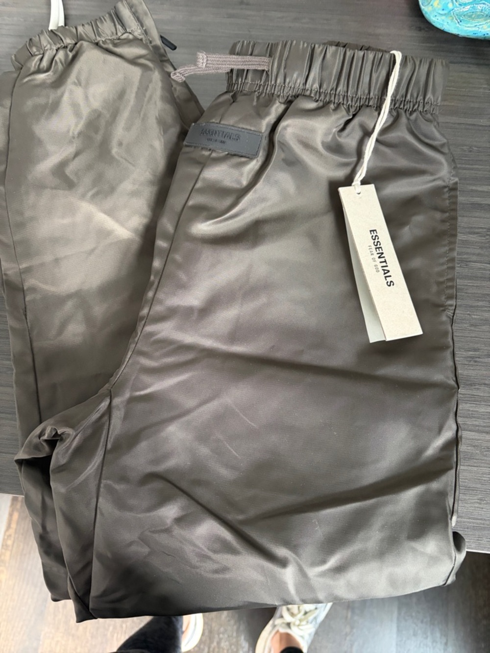 Essentials Satin Drawstring Joggers in Olive Green